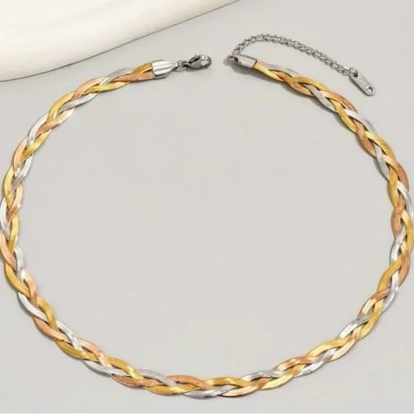 Stainless steel tricolor braided necklace, NWOT - Picture 3 of 4